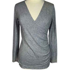 Lola B Gray Surplice Wrap Sweater L Rhinestone Bling Stud Embellished V-Neck